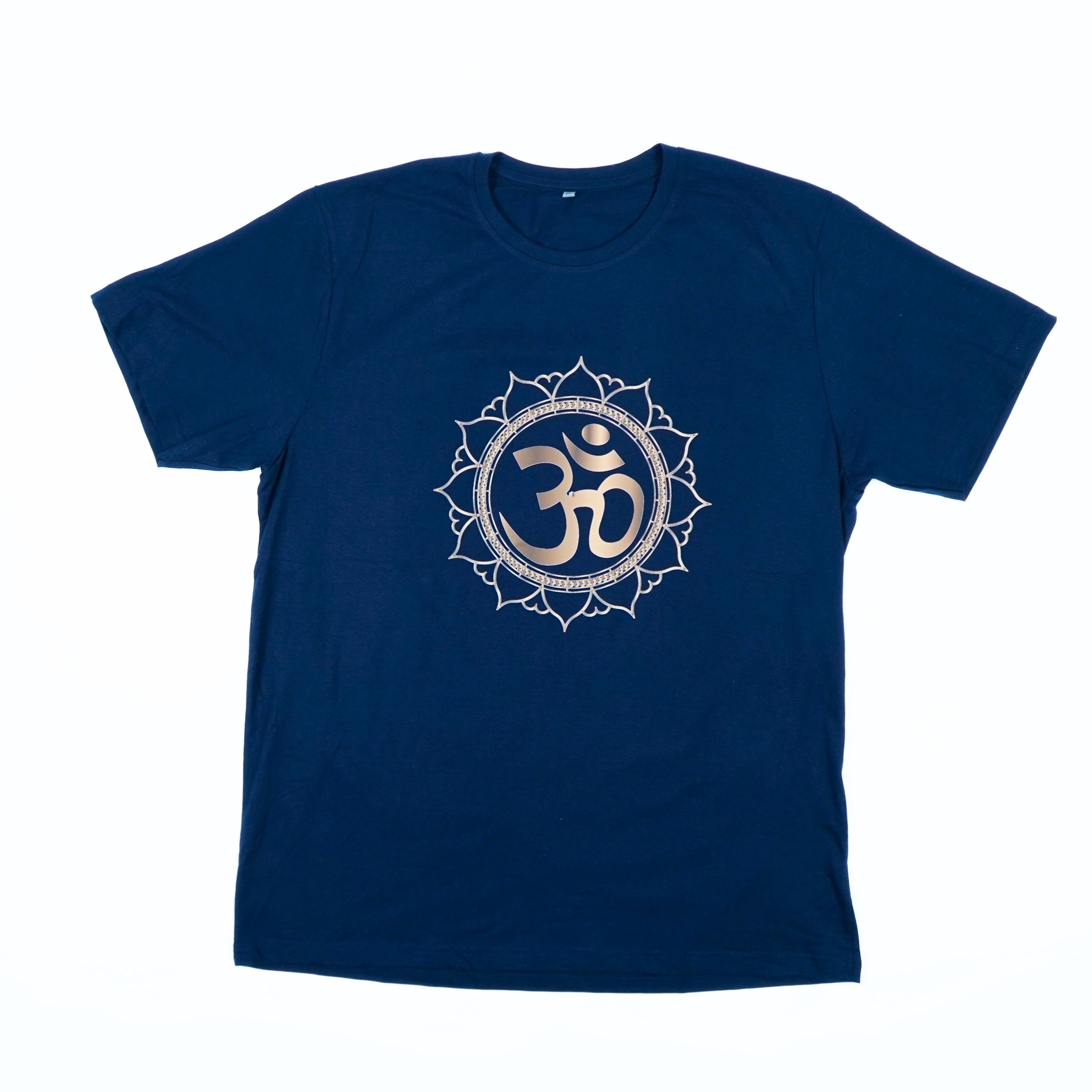 Spiritual T-Shirt for Yoga, Meditation, and Mindfulness - Dark Blue - Gold OM (Adults)
