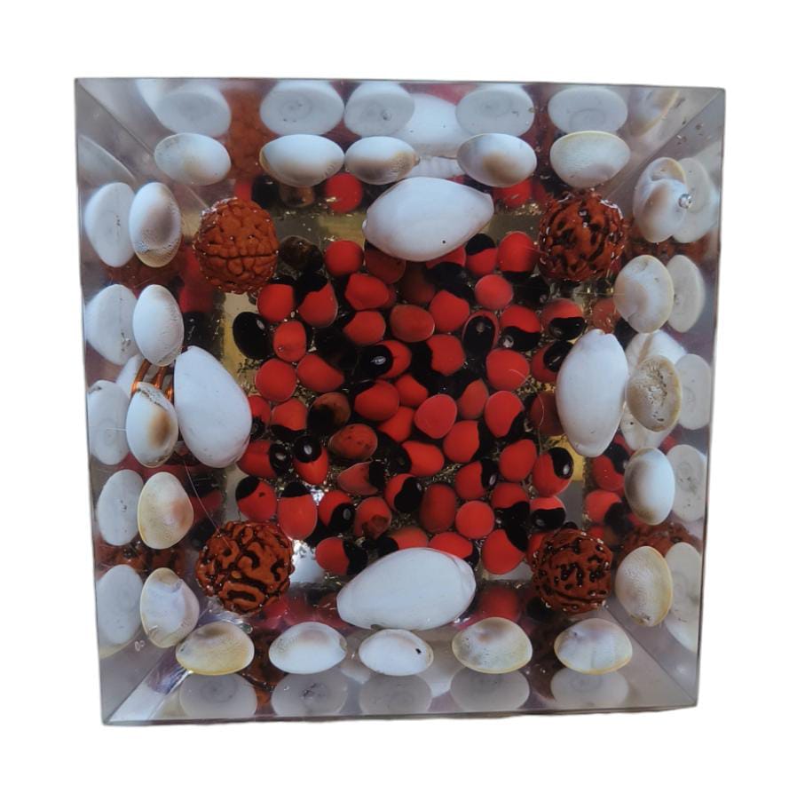 Orgone Gomti Chakra Shree Yantra Crystal Mahalaxmi Pyramid with Good Luck & Removing Negativity Vaastu || Red & White Chirmi Seeds Rudraksha and Kauri (3 Inch)