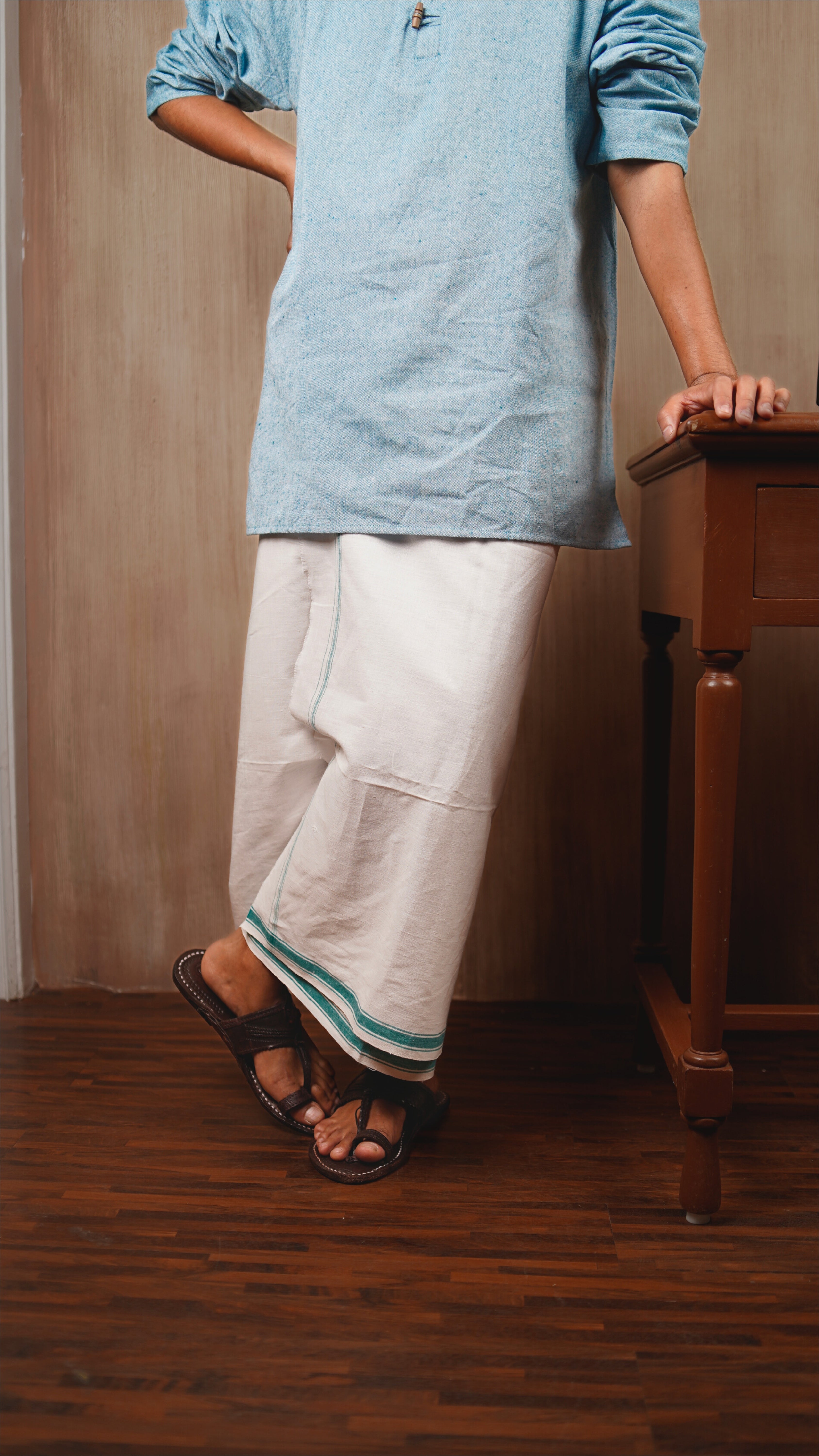 Khadi Lungi - White with Green Border