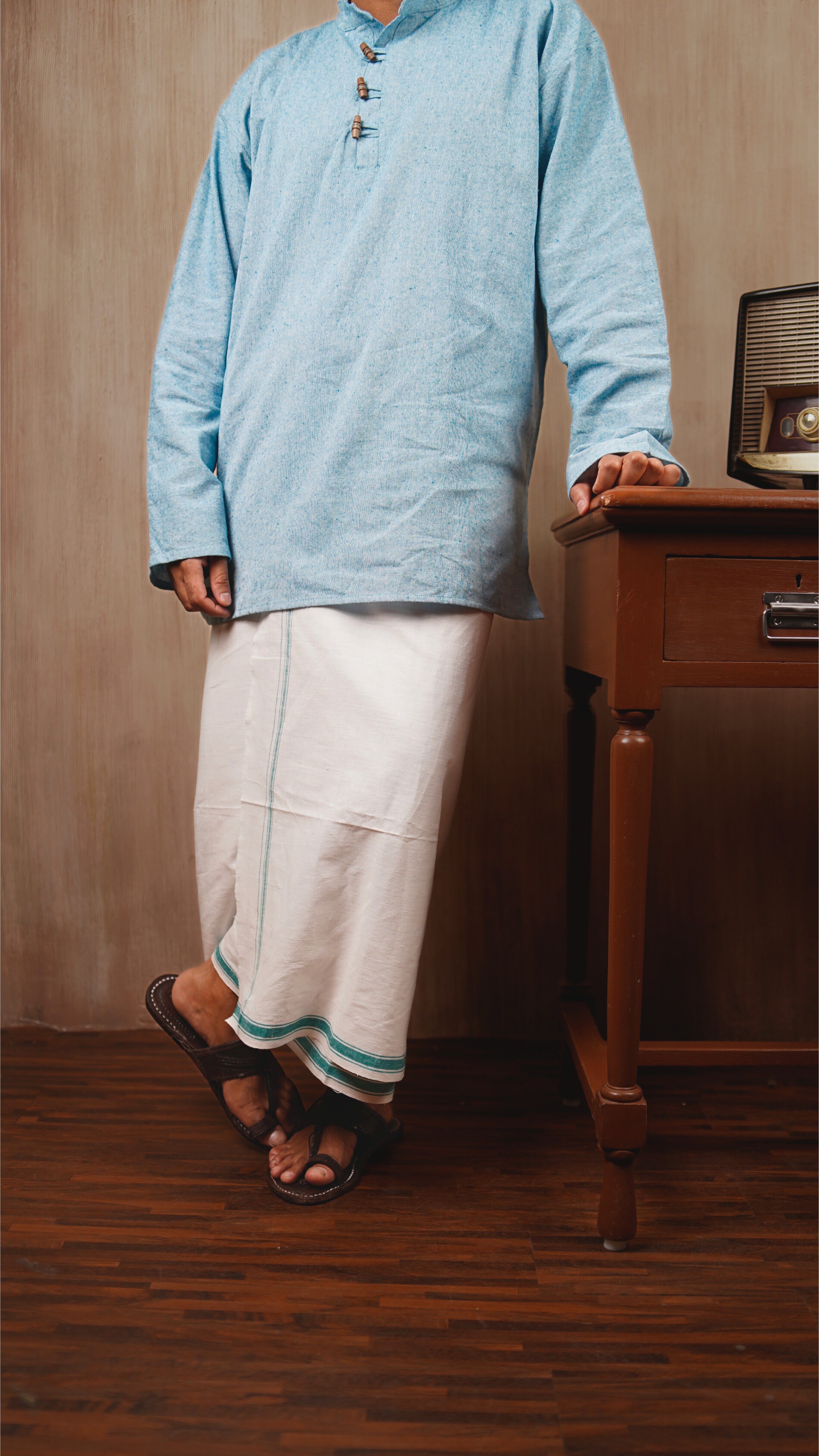 Khadi Lungi - White with Green Border