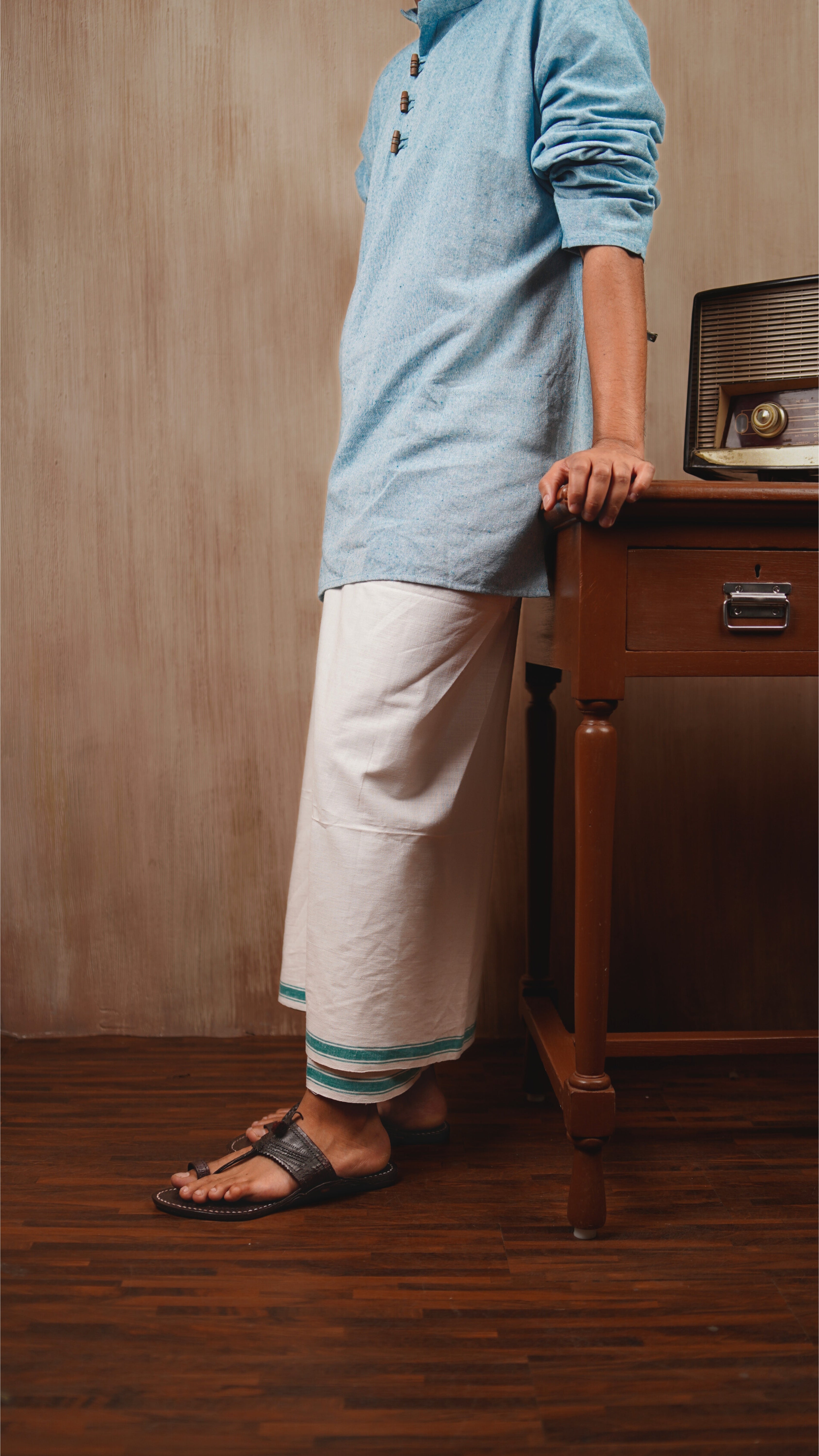 Khadi Lungi - White with Green Border