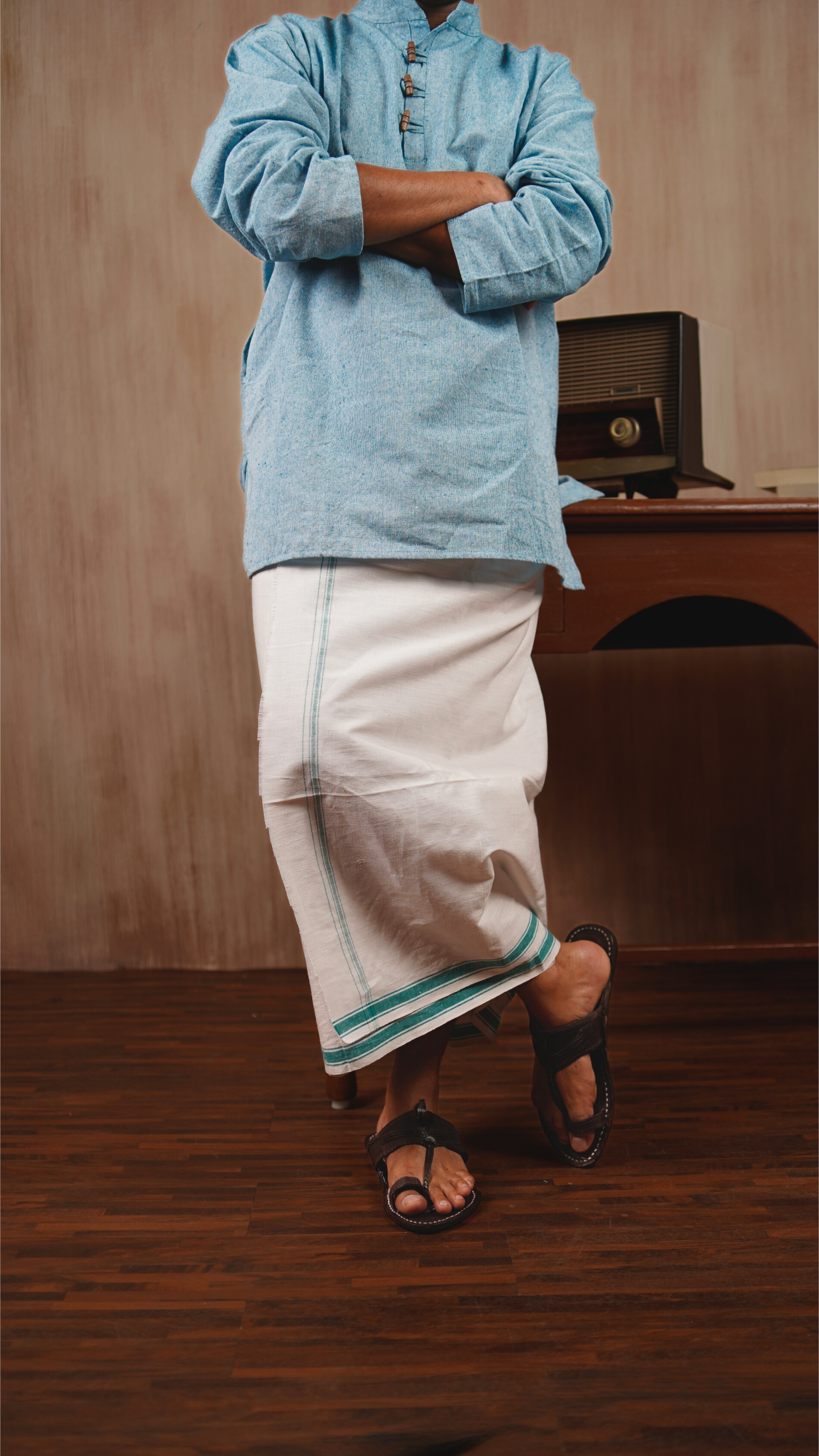 Khadi Lungi - White with Green Border