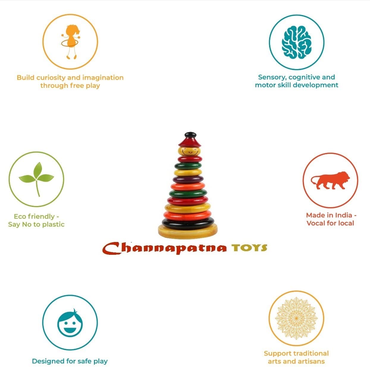 Channapatna -  Wooden Stacking Rings Game Toy for Kids - Develop Hand-Eye Coordination & Fine Motor Skills (1 Year+) - 10 Rings, Multicolour