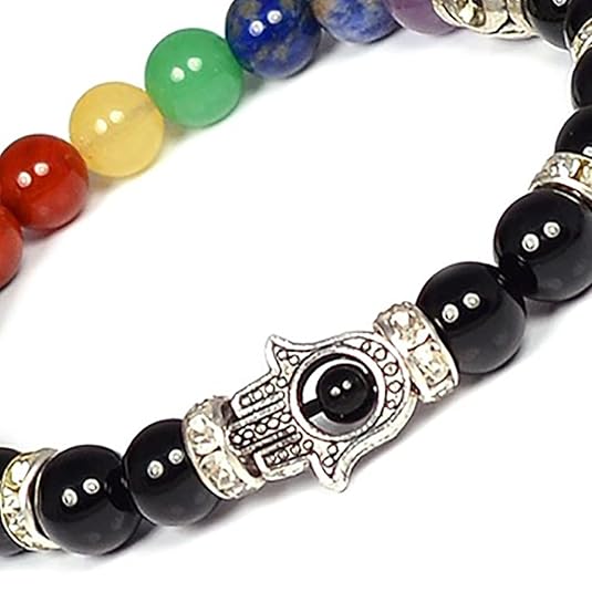 Natural Black Tourmaline with 7 Chakra Combination Crystal Stone Bracelet 8 mm Round Bead Hamsa Charm