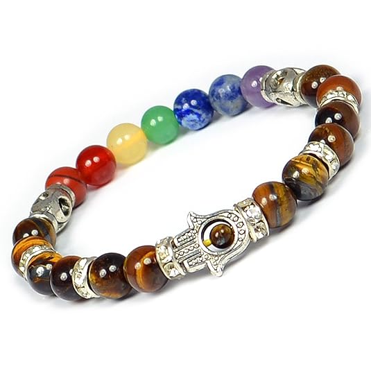 Tiger Eye Bracelet combination of 7 Chakra Bracelet, 8 MM Stone Bracelet With Hamsa Charm Bracelet