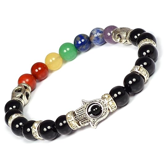 Natural Black Tourmaline with 7 Chakra Combination Crystal Stone Bracelet 8 mm Round Bead Hamsa Charm