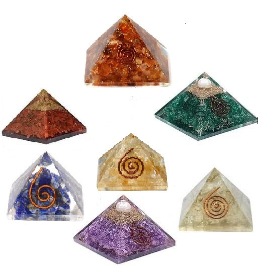 Seven Chakra Orgone Crystal Pyramid of Crystal Multistone for Reiki Healing, Spiritual Yoga Meditation, Energy Generator, Aura Cleansing (Set of 7) Size: 20-25MM