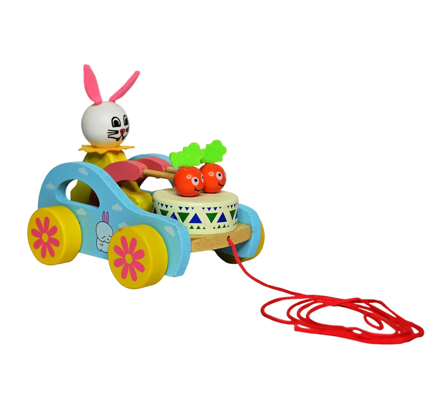 Wooden Drum Car | Wooden Bunny Pull-Along Car Toy | Multicolor - with Attached String- Encourage Walking