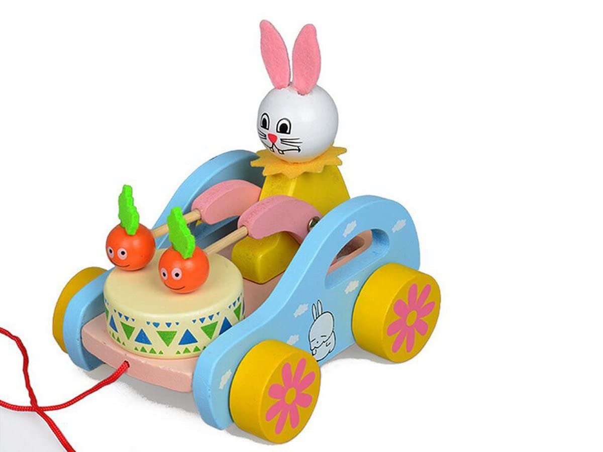 Wooden Drum Car | Wooden Bunny Pull-Along Car Toy | Multicolor - with Attached String- Encourage Walking