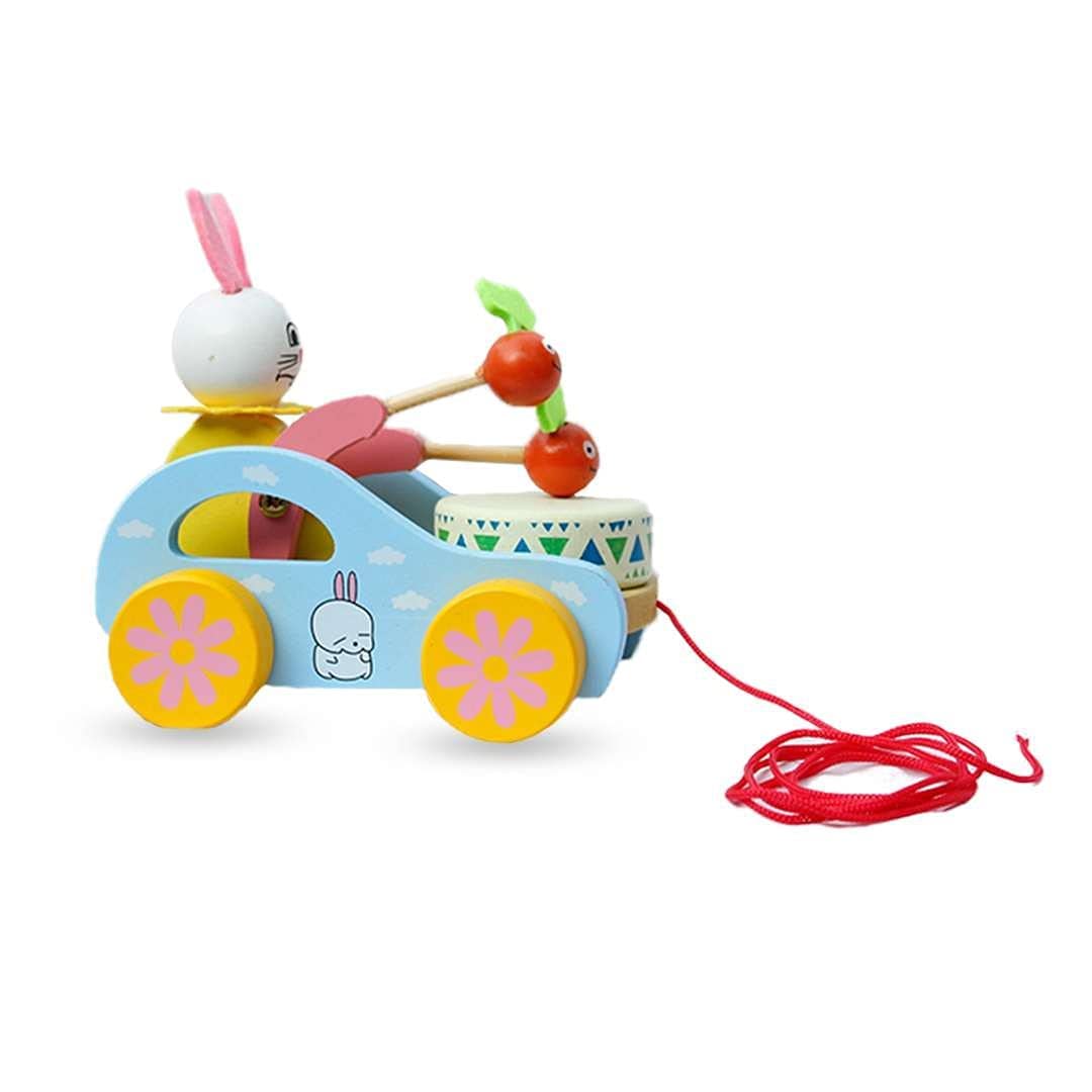 Wooden Drum Car | Wooden Bunny Pull-Along Car Toy | Multicolor - with Attached String- Encourage Walking