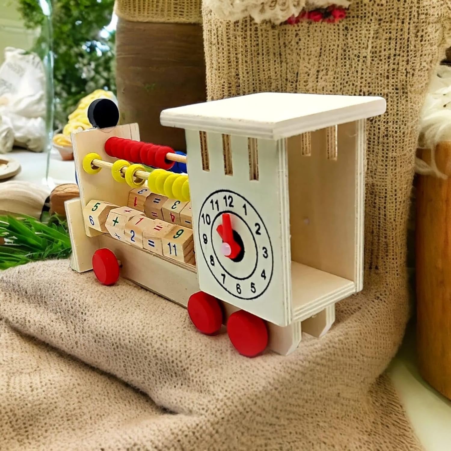 Handcrafted Wooden 4-in-1 Train Engine Adventure Abacus Educational Pull Along Playset with Time, Clock Counting Beads