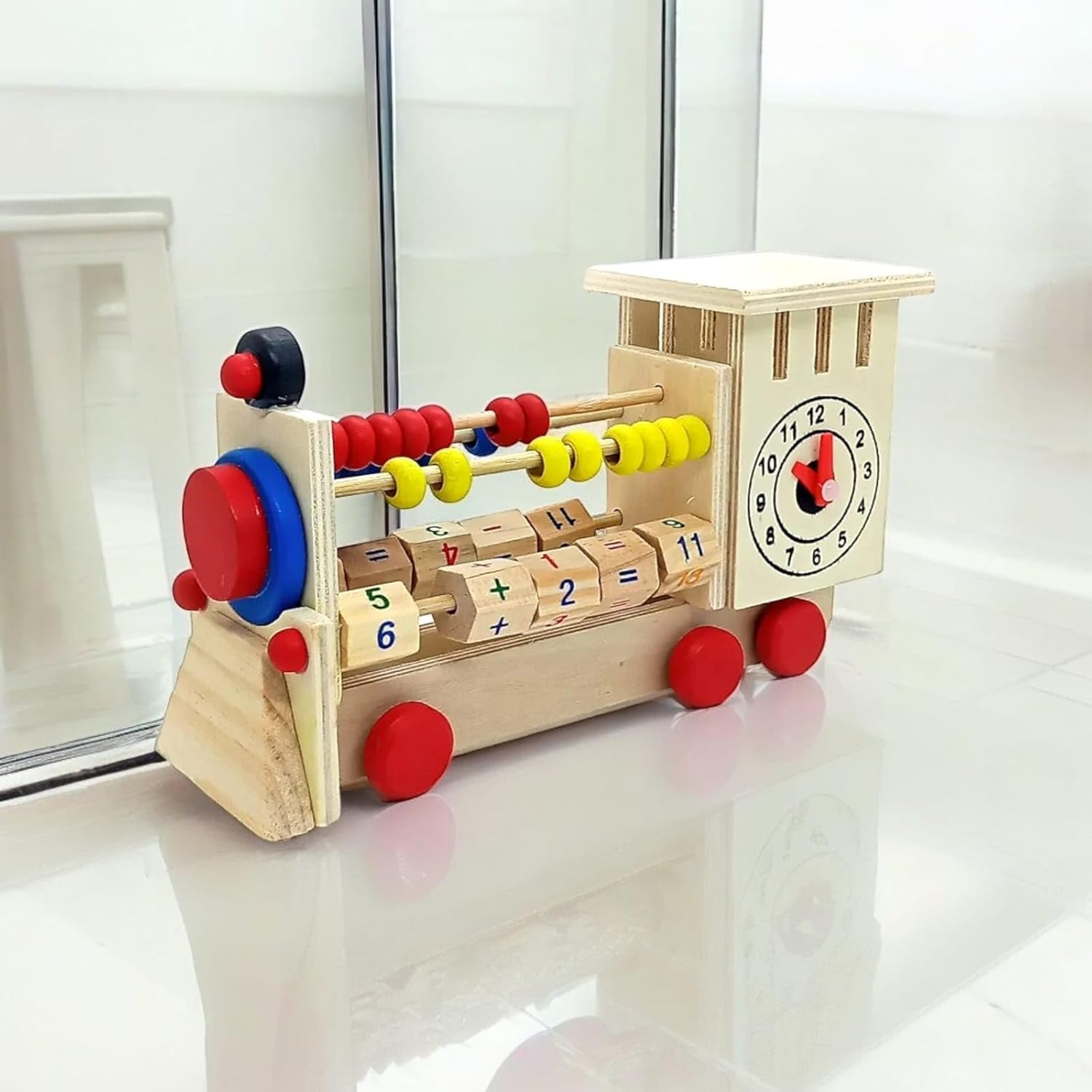 Handcrafted Wooden 4-in-1 Train Engine Adventure Abacus Educational Pull Along Playset with Time, Clock Counting Beads