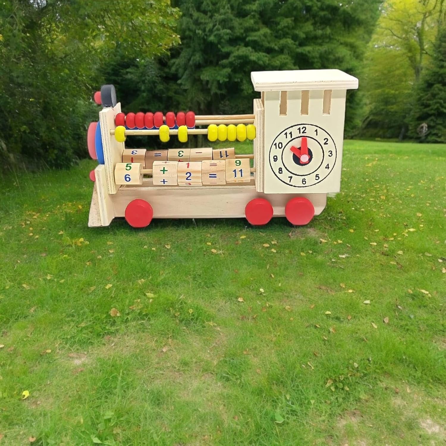 Handcrafted Wooden 4-in-1 Train Engine Adventure Abacus Educational Pull Along Playset with Time, Clock Counting Beads